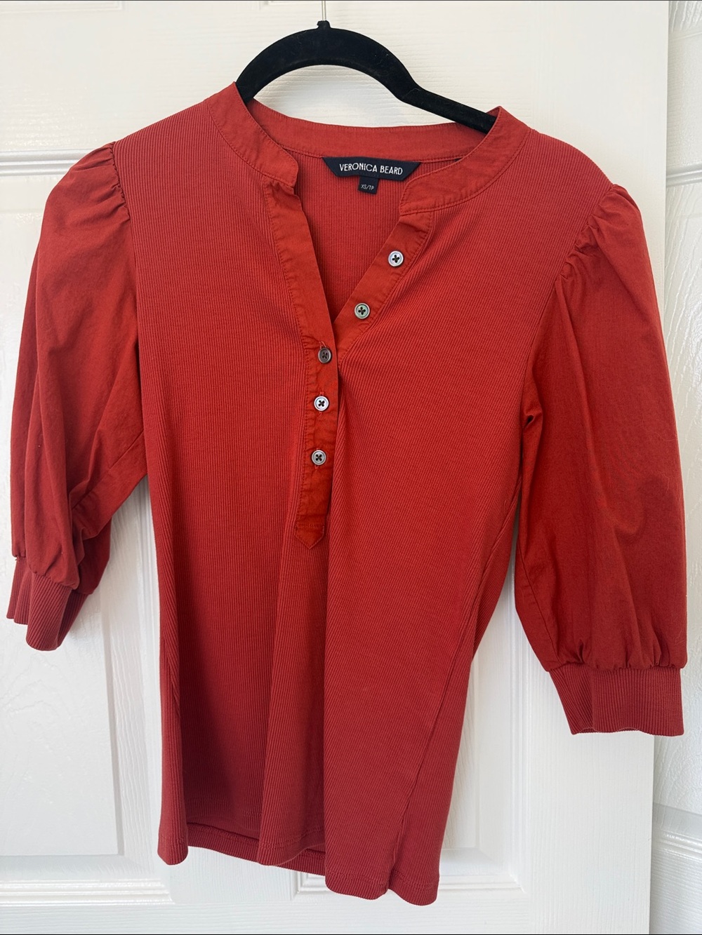 Veronica Beard Rust Red Puff Sleeve Button-Front Top